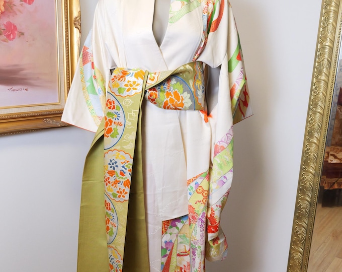 Vintage Silk Kimono Robe with Embroidered Obi Belt - One Size