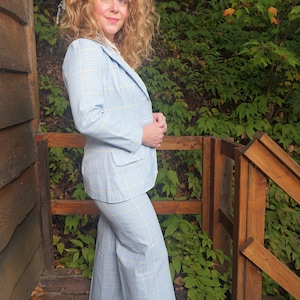 Women’s 1970’s Vintage Pant Suit / Plaid Suit / Retro Matching Set / Vintage Blazer / Vintage Plaid Trousers / Blue and Yellow Check