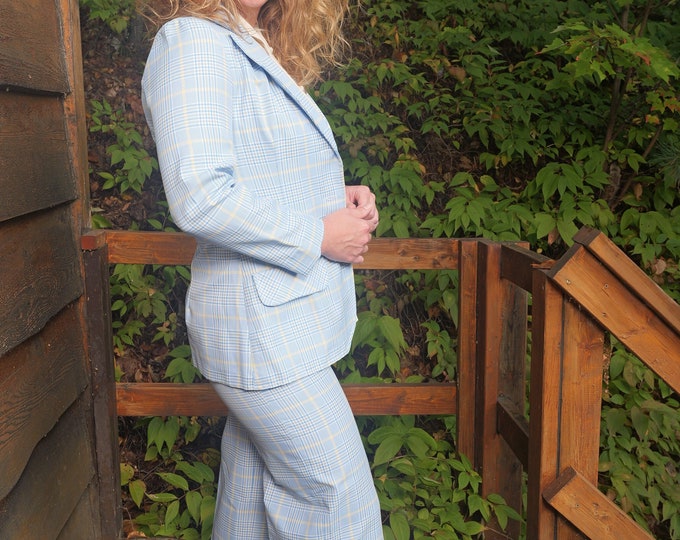 Women’s 1970’s Vintage Pant Suit / Plaid Suit / Retro Matching Set / Vintage Blazer / Vintage Plaid Trousers / Blue and Yellow Check