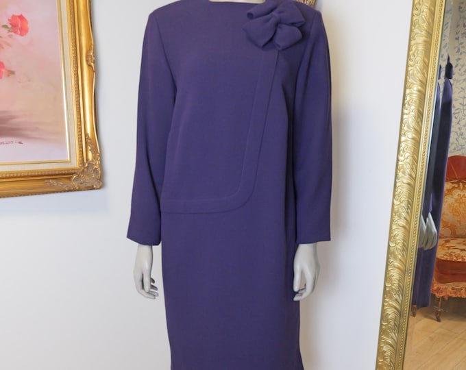 Vintage Royal Purple modest 1980’s women's dress custom made with flower pin on lapel / Winter dress / Fall Dress / Church Dress /Warm dress