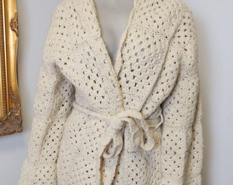 Hand Crochet Granny Square Cardigan Sweater With Hood And Belt / Oversized Vintage Handmade Sweater / Cozy Saturday/ Wearable Blanket