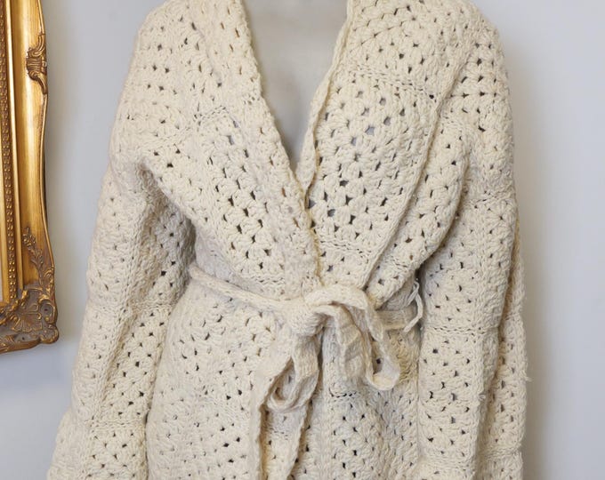 Hand Crochet Granny Square Cardigan Sweater With Hood And Belt / Oversized Vintage Handmade Sweater / Cozy Saturday/ Wearable Blanket