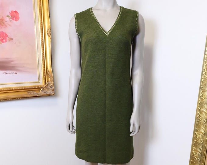 1960s Wool Shift Dress: Army Green Sleeveless V-Neck - Butte Knit XS