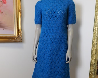 Hand Knit Blue Wool Dress: Vintage Short Sleeve Midi