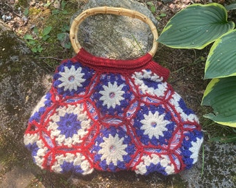 Vintage Granny Square Handmade Purse With Bamboo Handles And Quilted Interior
