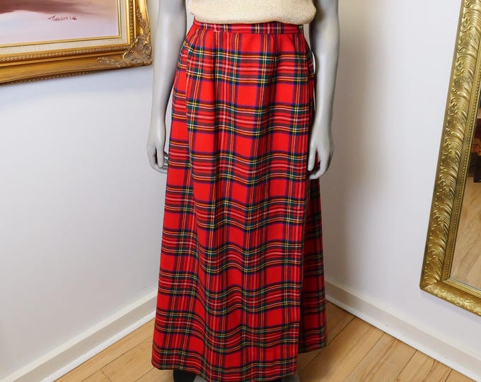 Vintage 1960s Tartan Plaid Wool Maxi Skirt: Red Winter Clothing