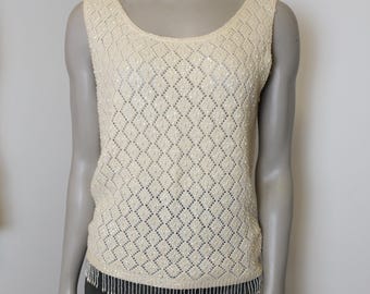 Butter yellow vintage 1960’s beaded tank top sweater with zipper back and tassel trim / Soft pastel yellow blouse / Dressy tank top