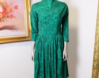 Vintage 1950s Wool Dress: Dark Green Floral Print, Size Small to Medium