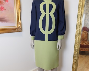 Vintage 80s Geometric Dress: Navy Blue & Green Mod Shift