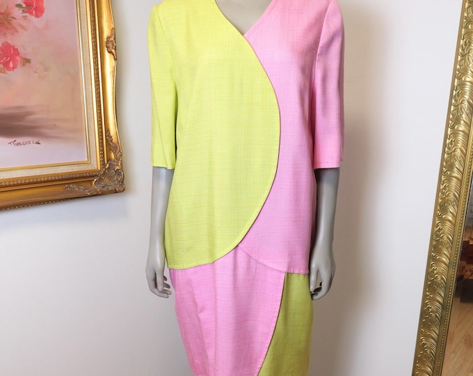 Petal pink and lime green artsy vintage boxy shape shift dress / Women’s 1980’s summer dress / Wedding guest dress / Pretty hard sleeve midi