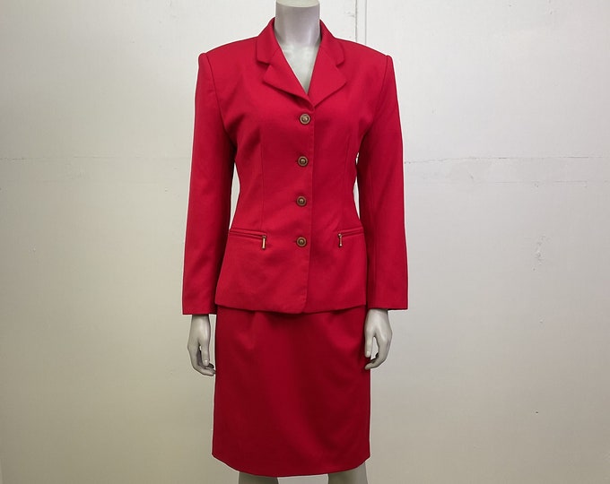 Womens Vintage Red Power Suit / Red Skirt Suit / Red Fall Blazer / Red Pencil Skirt / 80’s Blazer / Winter Christmas / Winter Wedding Guest