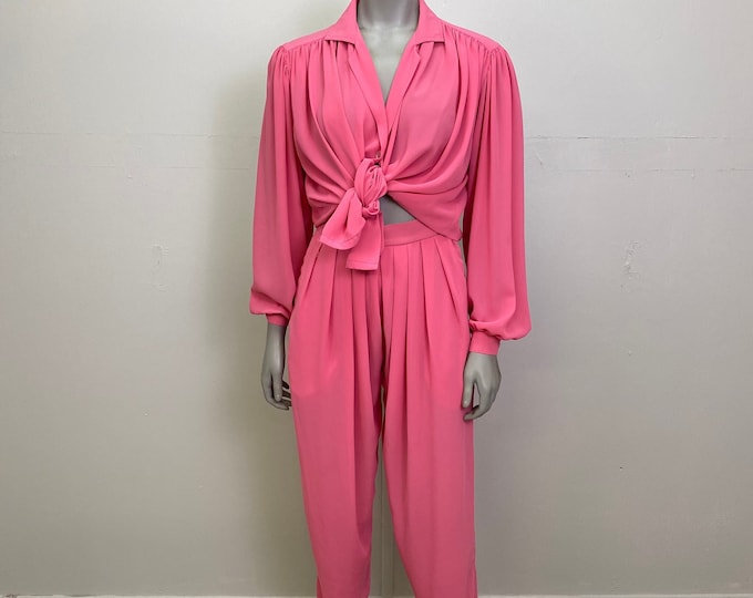 Vintage Pink Blouse And Trousers Set / Pink Top Pink Pants / Sheer Pant Suit / Womens Vintage Matching Set