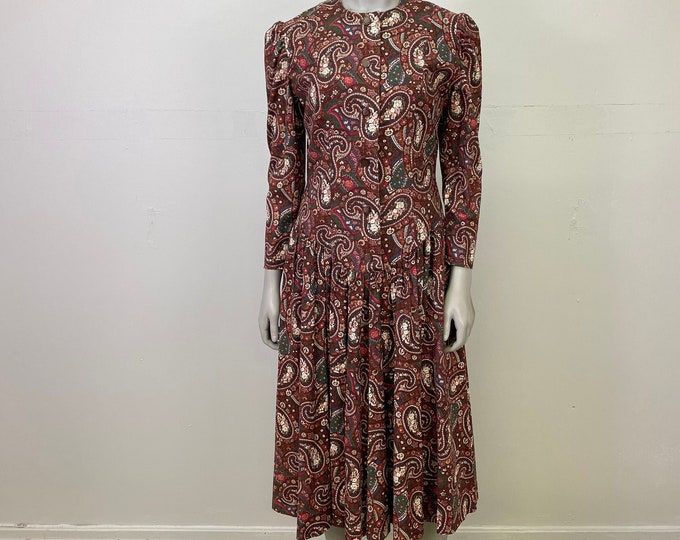 Paisley Print Long Sleeve Vintage Dress / Brown Tones Drop Waist Midi Dress / Prarie Dress /Modest Dress