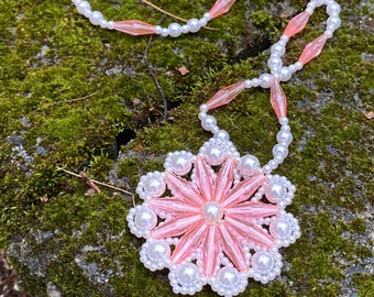 Vintage Beaded Necklace / Pink And White Long Statement Necklace / 1950’s Handmade Jewelry / Flower Necklace / Vintage Gift For Her