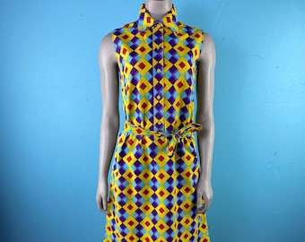 Vintage 1970s Marimekko Cotton Dress: Yellow Geometric Print, Sleeveless Shift