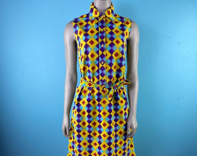 Vintage Marimekko Dress / 1970’s Cotton Womens Marimekko Finland Dress / 60’s Dress / Yellow Geometric Print Sleeveless  Shift Dress