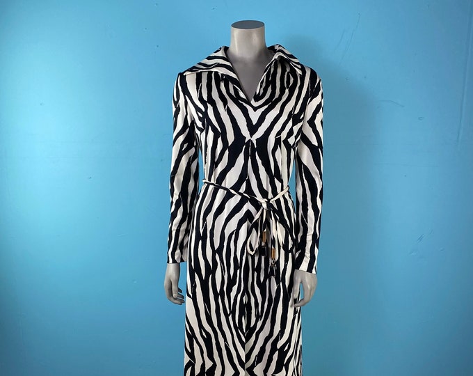 1970's Zebra Print Gown By "La Mendola" Nan Duskin Designer Vintage Dress / Black And White Dress /Dager Collar Dress Silk Jersey Maxi Dress