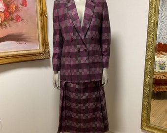 1970’s Women’s Vintage Wool Blazer And Skirt Suit / Long Pleated Purple Maxi Skirt / Oversized Double-breasted Jacket / Plaid Blazer