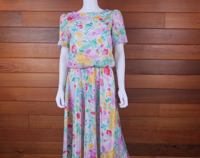 Panache Vintage Dress / Women’s 1980’s Dress / Midi Dress / Floral Party Dress / Short sleeve Dress With Full Skirt / Floral Midi