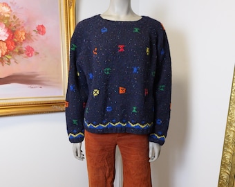 Hand Knit 100% Wool Sweater: 90s Vintage Navy Blue Pullover