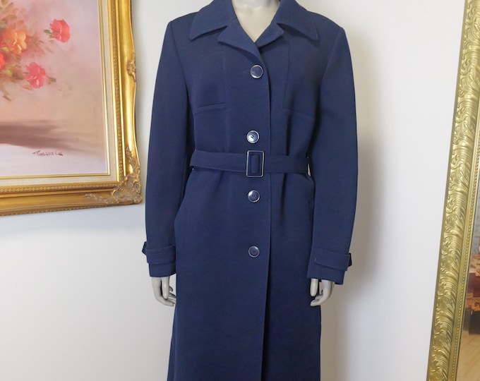 100% wool women’s navy vintage dress coat made in Austria / Vintage women's long navy blue belted trench coat / Light jacket