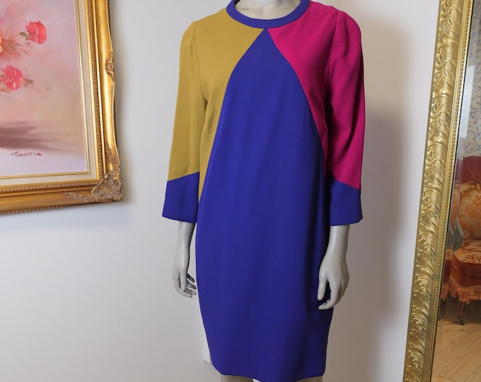 Couture custom made dress in color block pattern / Crewneck half sleeve Fall and Winter Work Dress / Modest Dress / Vintage women’s 80’s