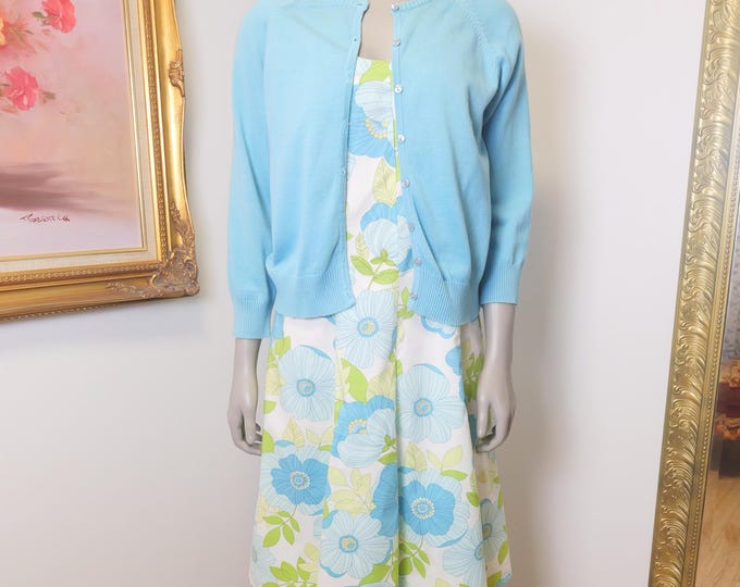 Vintage women’s summer white floral dress and cardigan set / Vintage matching set size 14 / Sleeveless A line light cotton dress