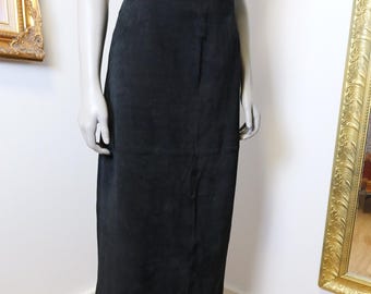 Long women's black suede leather skirt 30 inch waist