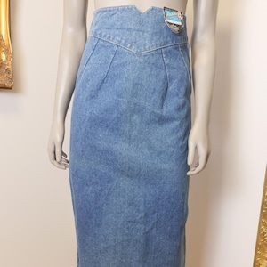 80s Vintage Denim Pencil Skirt: High Waist Pleated Midi