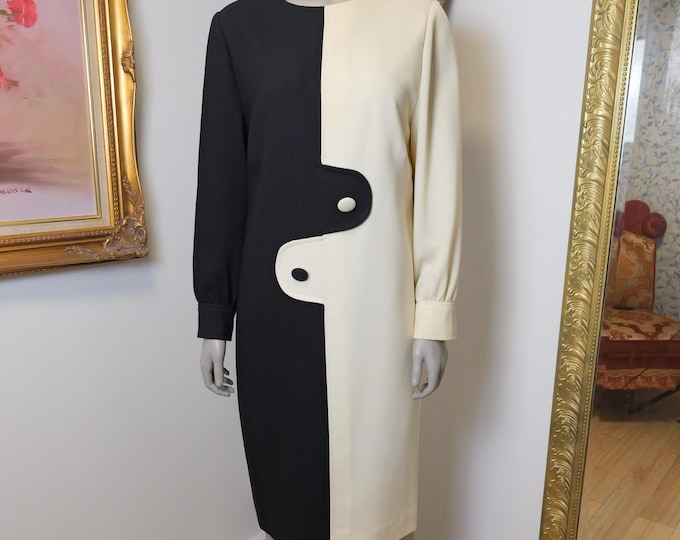 Vintage Black And White Designer Dress / Winter Wedding Guest / Fall Dress / 80’s Women’s Midi Dress With Long Sleeves Custom Made Couture