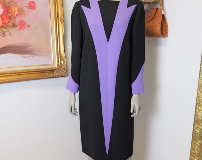 Artsy And Bold Purple And Black Statement Dress / Women’s 1980’s Couture made Dress / Winter Wedding Guest / Fall Modest Dress