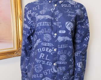 Ralph Lauren Navy Blue Sporty Athletics theme collared button down long sleeve cotton shirt / RL vintage blouse / 90s clothing / Y2K