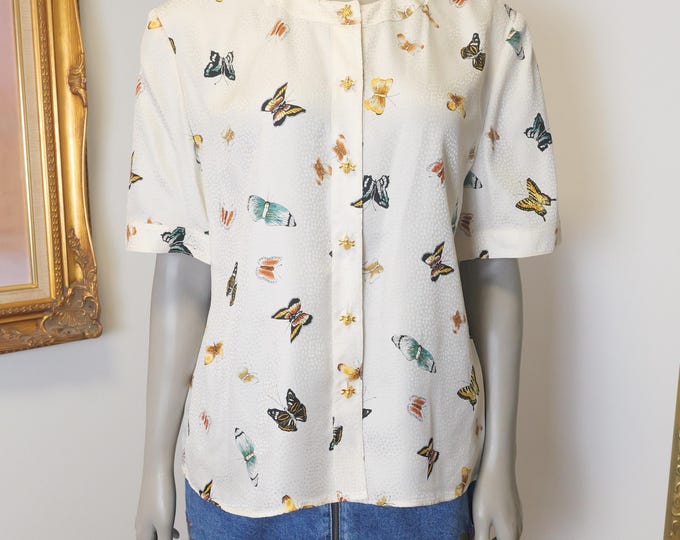 Maggy London 1980’s Vintage Butterfly Silk Blouse with Butterfly Buttons