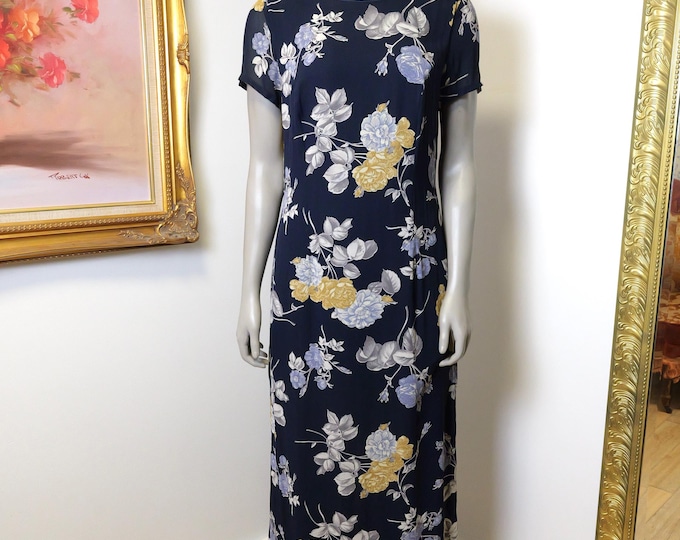 Vintage women’s 1990’s Navy Blue Floral Laura Ashley Dress With Sheer Overlay Size 6