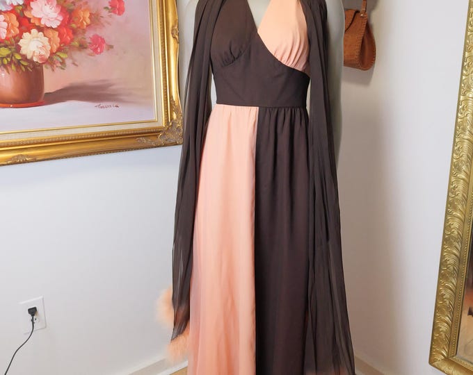 1970’s vintage brown and pink colour block gown with matching feather boa scarf wrap / 70’s show halter dress / Women’s vintage Prom Dress