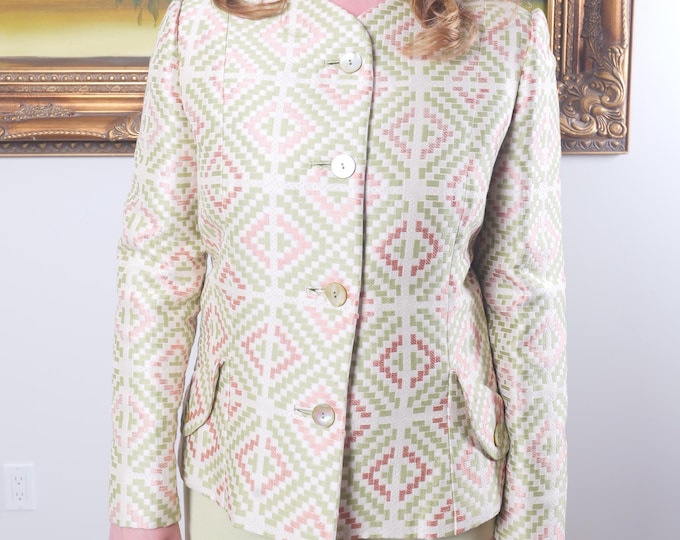 Vintage Bill Blass women’s mint green and candy pink skirt suit / 80’s designer suit / Green and pink blazer matching set size 14