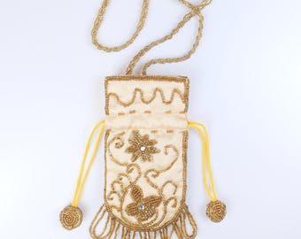 Small antique gold purse pouch with beadwork and tassels / 1940’s women's purse with long shoulder straps / Formal wedding or event bag