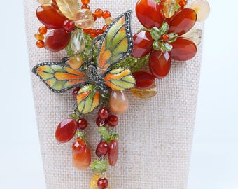 Natural gemstones statement necklace with butterfly