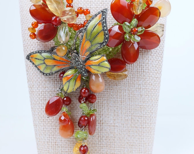 Natural gemstones statement necklace with butterfly