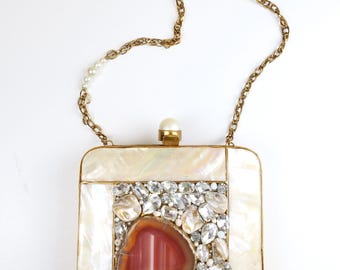 Vintage 1960’s mother of pearl dressy purse / Hard Shell Lucite hand bag / Unique Vintage Formal Evening Bag / Women’s Vintage Wedding