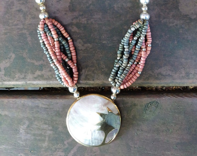 Large Vintage Shell Necklace / Artisan Made Jewelry / Beach / Vacation / Cruise / Wooden Beads Necklace / Women’s Statement