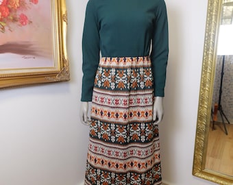 Vintage 70s Maxi Dress: Retro Print Skirt, Long Sleeve Mock Neck
