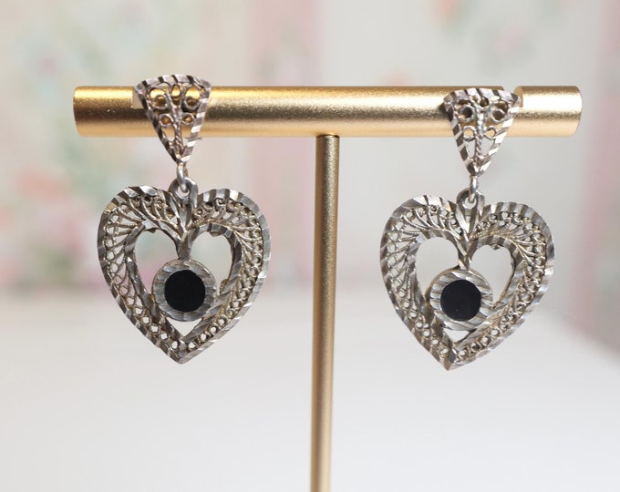 Vintage sterling silver filigree and black onyx dangle drop Women’s heart shape earrings / Gift For Her / Sterling Gift / Heart Shape