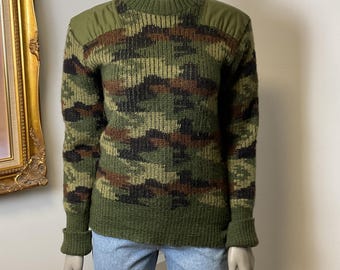 Vintage Wool Camouflage Sweater With Elbow Patches / Vintage Camo clothing