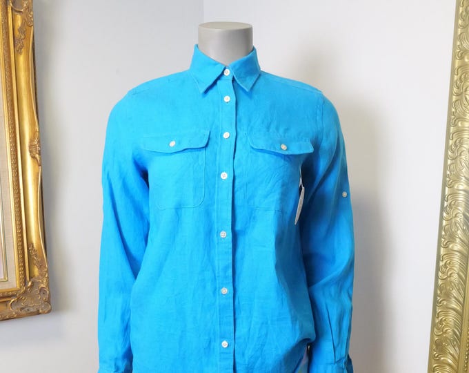 100% Linen Ralph Lauren XS Blouse / Women’s Blue Summer Button Down Top