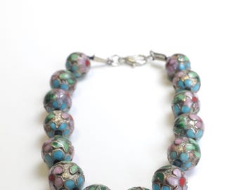 Vintage Chinese Cloisonné Beaded Bracelet / Antique Bracelet / Floral Vintage Spring And Summer Jewelry / Estate Hand Knotted Beads