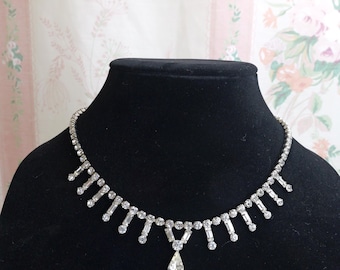Vintage 1950’s Rhinestone Necklace With Drop Pear Shape Diamond And Rectangle Gems / Prom Necklace / Necklace For Vintage Bride