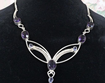 Solid Silver Bib Necklace, 8 Amethyst Stones, 23-Inch Length