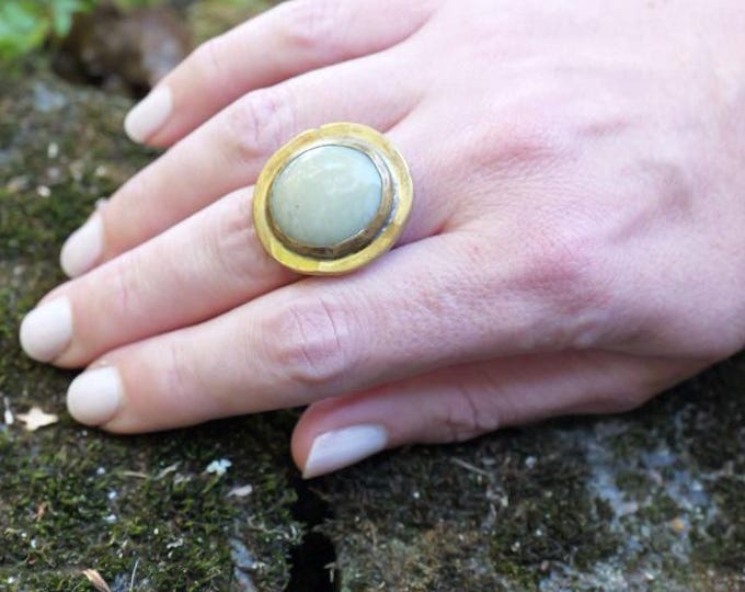 Vintage Rafael Canada Ring, Hammered Brass Earthy Green Glass Cabochon