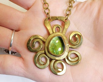 Signed Rafael Canada Vintage Necklace, Green Murano Glass Cabochon